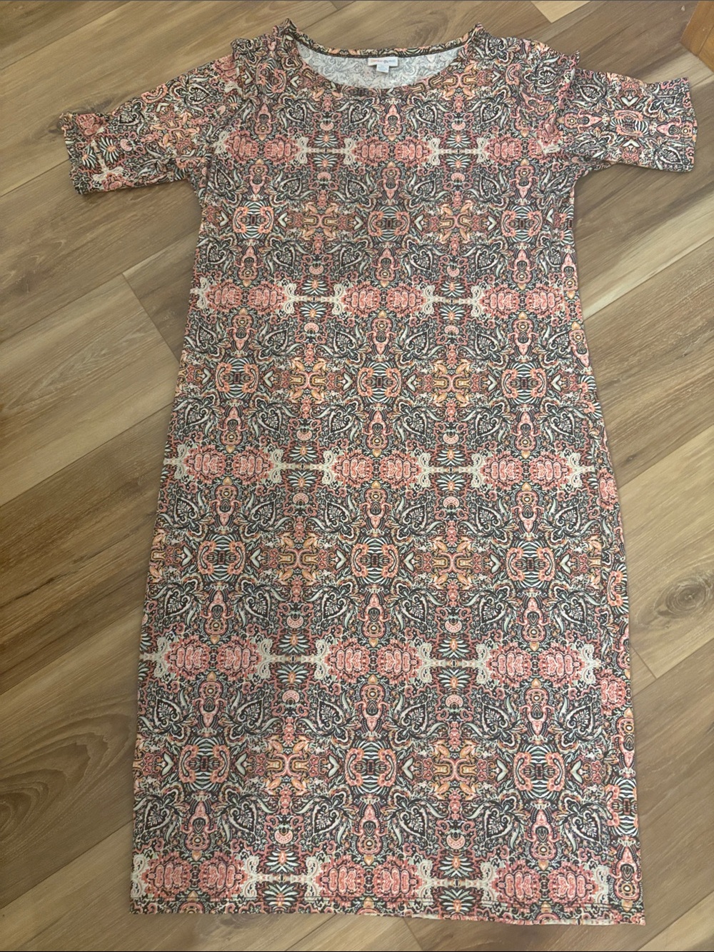 LuLaRoe Coral, Gray & Cream Patterned Midi Shift Dress